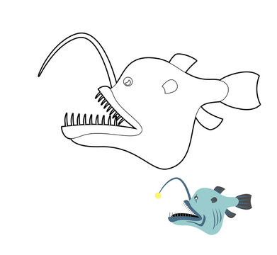 Deep-sea anglerfish coloring book. Fish monster from  depths of