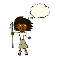 cartoon woman with spear with thought bubble