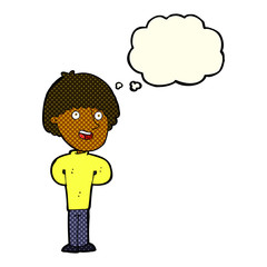 cartoon happy man with thought bubble