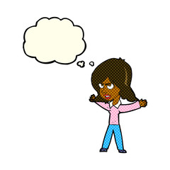 cartoon woman gesturing with thought bubble