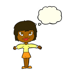 cartoon woman with open amrs with thought bubble