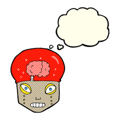 cartoon spooky robot head with thought bubble