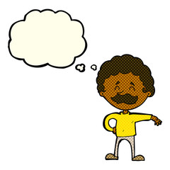 cartoon man making camp gesture with thought bubble