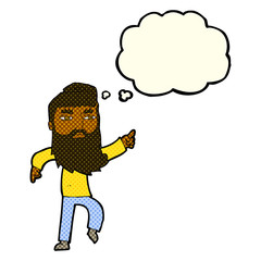 cartoon bearded man pointing the way with thought bubble