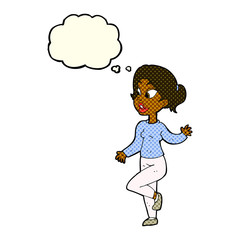 cartoon friendly woman waving with thought bubble