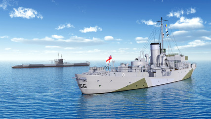 Obraz premium Canadian military ship and German submarine of World War II