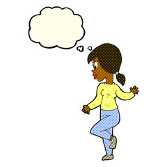 cartoon woman waving with thought bubble