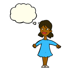cartoon woman with open arms with thought bubble