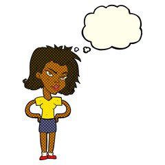 cartoon woman with hands on hips with thought bubble