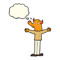 cartoon friendly fox person with thought bubble