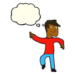 cartoon happy man pointing with thought bubble