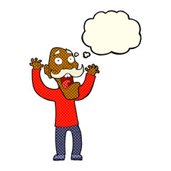 cartoon old man getting a fright with thought bubble