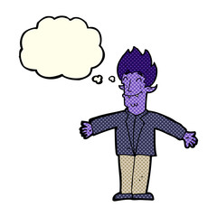 cartoon happy vampire with thought bubble