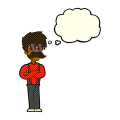 cartoon hipster man with mustache and spectacles with thought bu