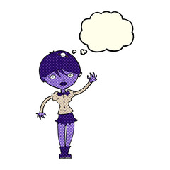 cartoon vampire girl waving with thought bubble