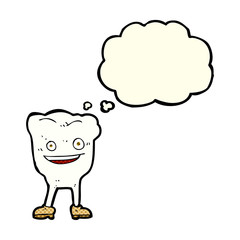 cartoon happy tooth character with thought bubble