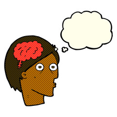 cartoon head with brain symbol with thought bubble
