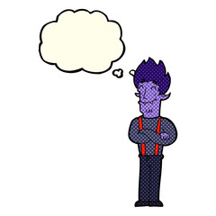 cartoon happy vampire man with thought bubble