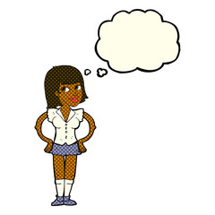 cartoon woman with hands on hips with thought bubble