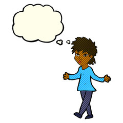 cartoon woman shrugging shoulders with thought bubble