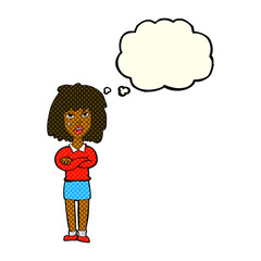 cartoon tough woman with folded arms with thought bubble