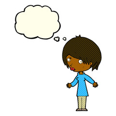 cartoon woman shrugging shoulders with thought bubble