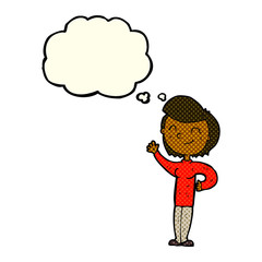 cartoon friendly waving woman with thought bubble