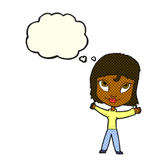 cartoon happy woman waving arms with thought bubble