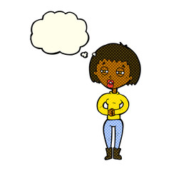 cartoon tired woman with thought bubble