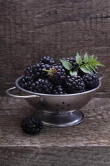 Fototapeta na wymiar blackberries in a metal bowl on the old wooden background