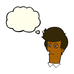 cartoon man with narrowed eyes with thought bubble