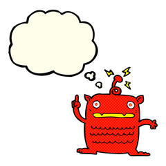 cartoon weird little alien with thought bubble