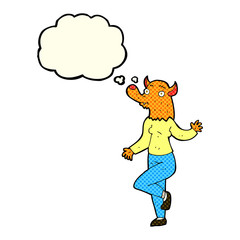 cartoon dancing fox woman with thought bubble
