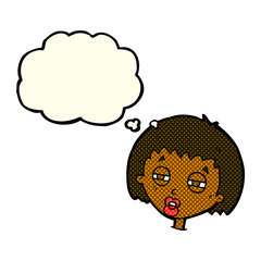 cartoon woman narrowing eyes with thought bubble