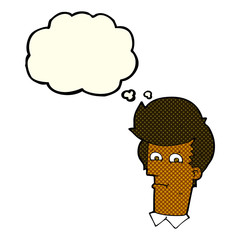 cartoon man narrowing eyes with thought bubble