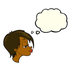 cartoon pretty woman with thought bubble