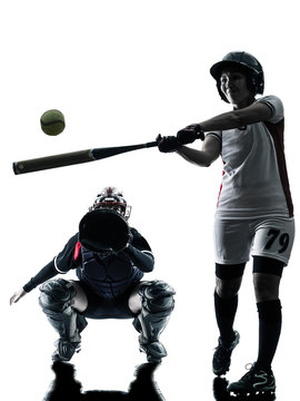 Women Playing Softball Players Silhouette Isolated