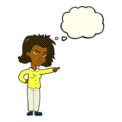 cartoon woman pointing with thought bubble