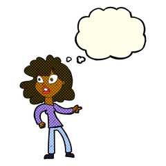 cartoon worried woman pointing with thought bubble