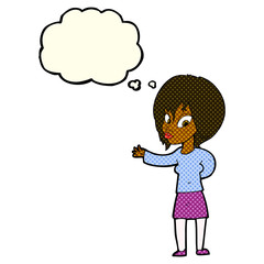 cartoon woman making welcome gesture with thought bubble