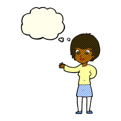cartoon welcoming woman with thought bubble