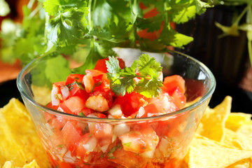 Mexican pico de gallo salsa with nachos and coriander
