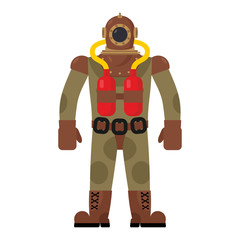 Diver old diving suit. Retro clothing for scuba diving. Vintage
