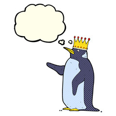 cartoon penguin wearing crown with thought bubble