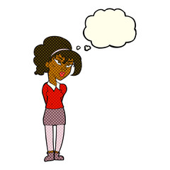 cartoon pretty girl tilting head with thought bubble