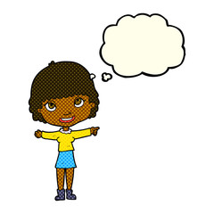 cartoon happy woman pointing with thought bubble