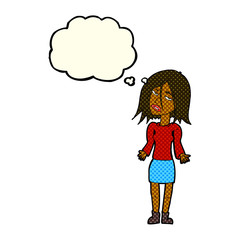 cartoon woman shrugging shoulders with thought bubble