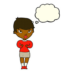 cartoon woman gesturing at self with thought bubble