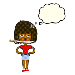 cartoon woman with knife between teeth with thought bubble