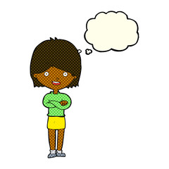 cartoon happy woman with thought bubble